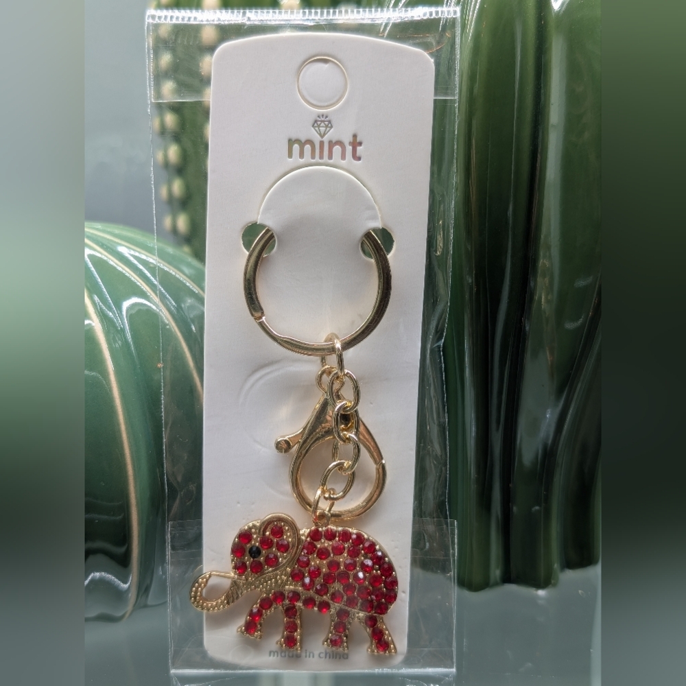 Mint Gold Elephant Keychain/Bagcharm W/Red Rhinestones